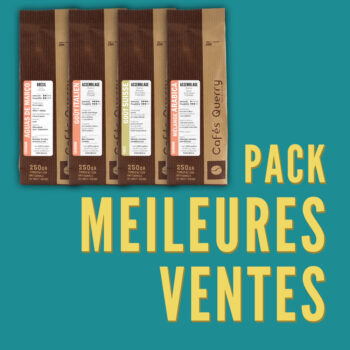 Pack meilleures ventes Cafés Querry, composé de cinq sachets de 250 g chacun : Aguas de Março (Brésil), Goût Italien (assemblage), Goût Suisse (assemblage), Mélange Arabica et un autre assemblage. Emballage en papier kraft brun avec étiquettes blanches indiquant les caractéristiques et arômes des cafés.