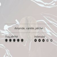 Image stylisée représentant un grain de café sur un fond graphique abstrait aux tons beige et blanc. Le texte affiche les caractéristiques principales du café : "Amande, vanille, pêche". En bas, deux indices visuels montrent la traçabilité (5 médailles noires) et l'intensité (4 grains de café noirs sur 5).