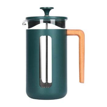 Cafetière à piston La Cafetière Pisa en verre transparent avec partie métallique vert bleuté et poignée en bois, capacité de 1 litre.