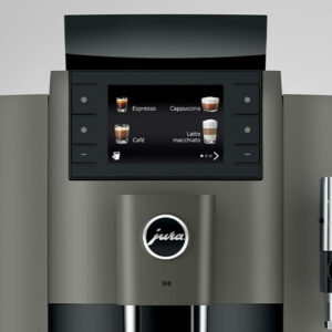 Vue frontale de l'écran numérique d'une machine à café Jura W8, montrant les options de boissons comme espresso, cappuccino, café, et latte macchiato, avec des icônes correspondantes.