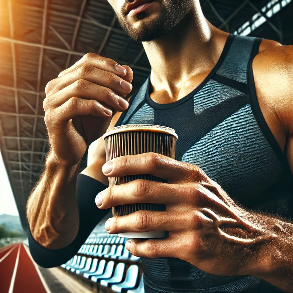 Un athlète musclé en tenue de sport noire tient un gobelet de café en carton dans ses mains, probablement avant ou après une séance d'entraînement. En arrière-plan, on aperçoit une piste d'athlétisme et des gradins vides sous un éclairage naturel.